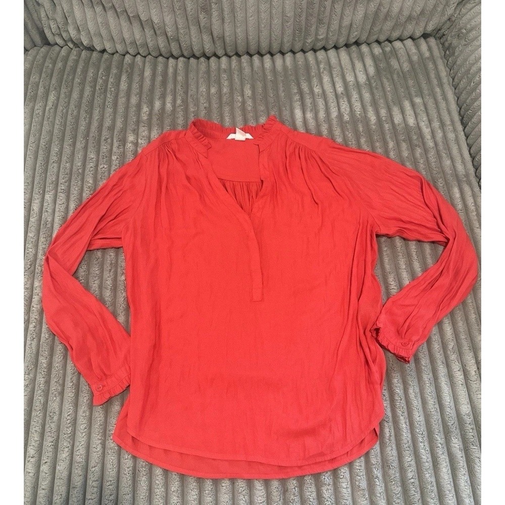 H&M Long Sleeve V Neck Solid Red Blouse Top  Dressy Women's Size 10